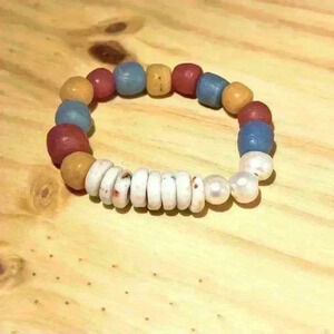 Africa Sea Glass Beaded Bracelet w/ Pearls a African Sea Glass Disk Beads